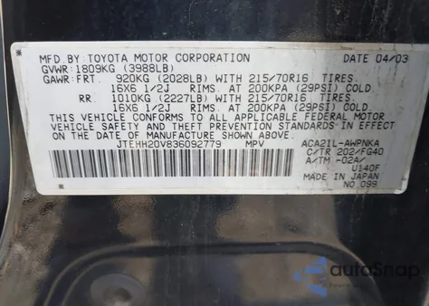 2003 Toyota Rav4 из США, поврежденный, VIN JTEHH20V836092779